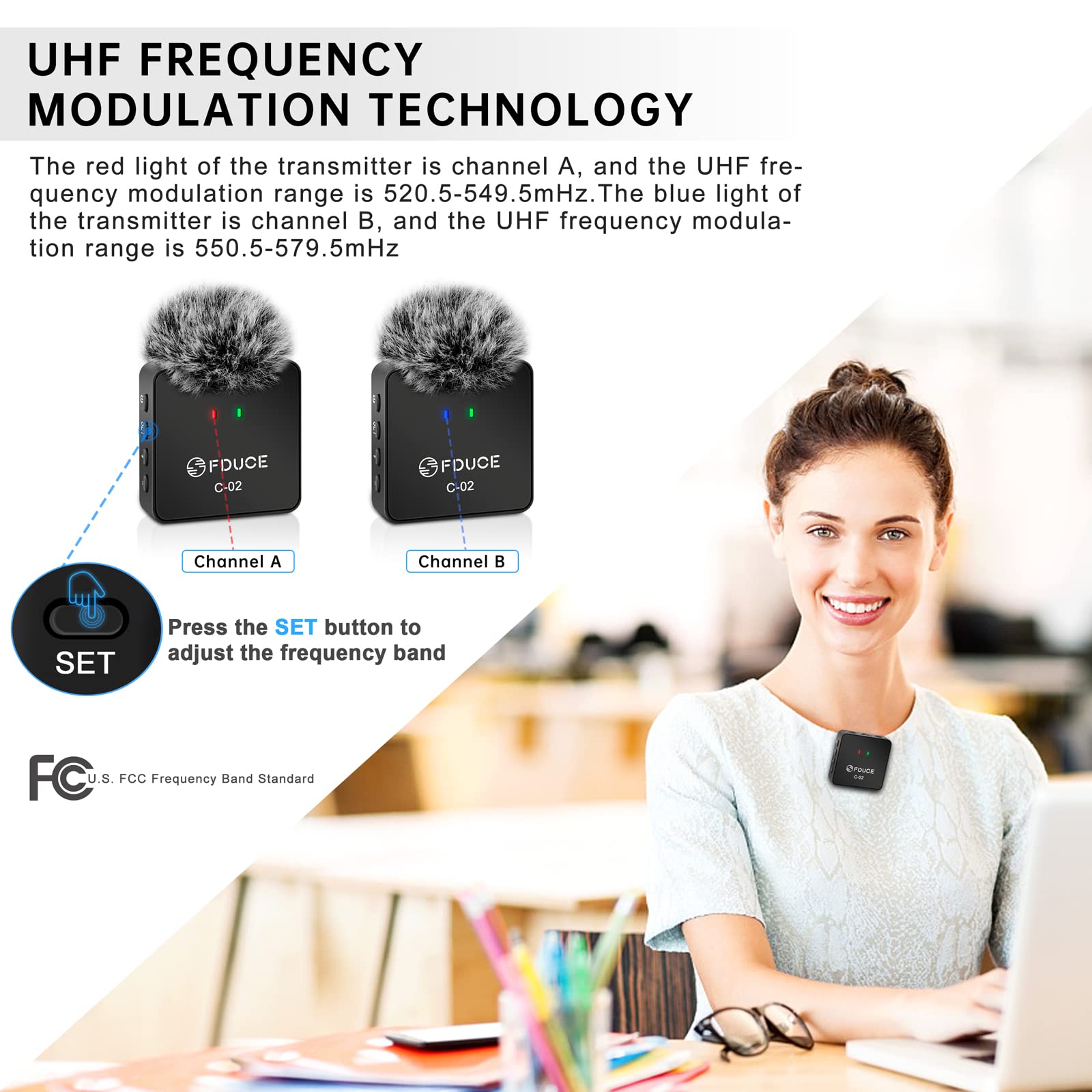 FDUCE UHF Wireless Lavalier Microphone System, Chargeable Transmitter & Receiver, Dual Transmitters, Compatible with Phones & Cameras, Black